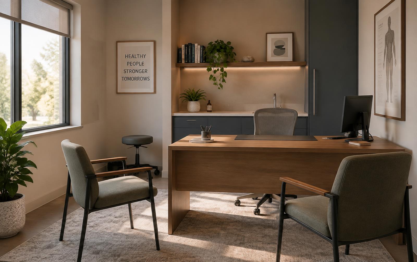 Quiet consulting room with daylight, a wooden desk and two chairs facing each other