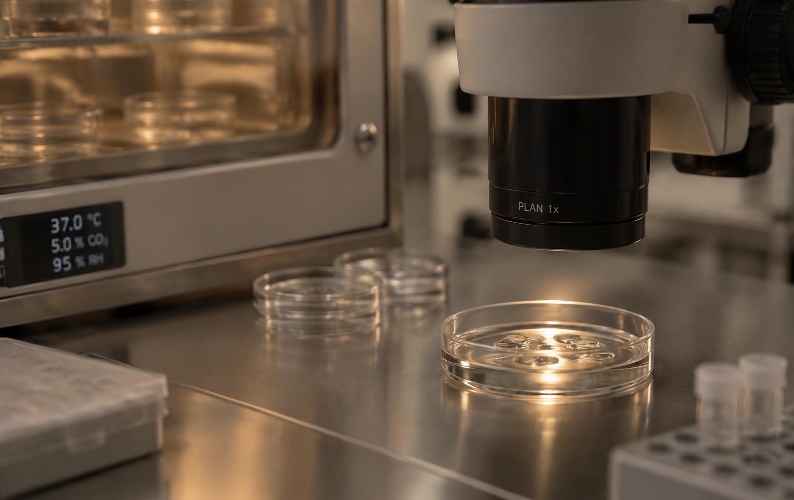 Embryology laboratory detail: culture dishes on a steel bench beside an incubator and microscope